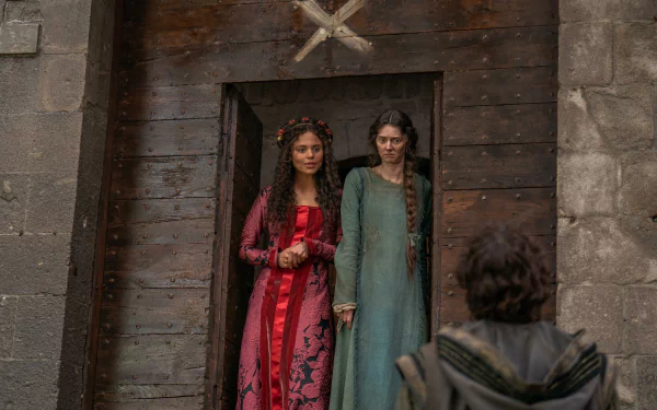 Characters from the TV show The Decameron stand at a doorway, dressed in vibrant period costumes, ready to engage with an approaching figure. This HD image serves as a striking desktop wallpaper.