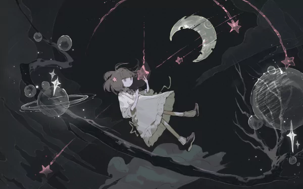 Anime-style girl in a dreamy cosmic scene with stars, planets, and a crescent moon, rendered in 4K Ultra HD for a PC desktop background.