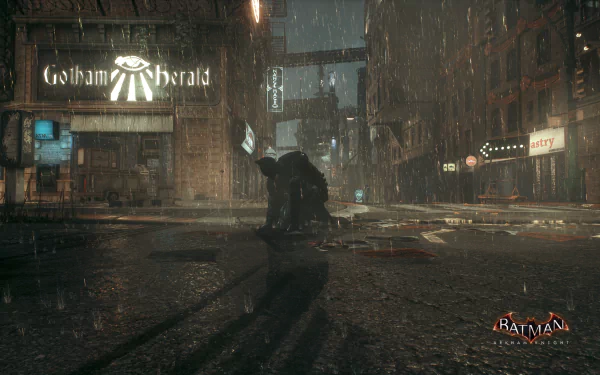 A dark, rainy Gotham City street scene featuring Batman crouched in the center, captured in stunning 4K Ultra HD as a PC desktop wallpaper and background.