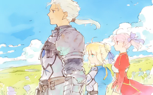 An HD wallpaper featuring characters from the Fate series, specifically Fate/Stay Night, standing against a vibrant blue sky and lush green landscape.
