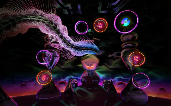 A vibrant HD desktop wallpaper for the video game Thrasher (2024), featuring abstract shapes, glowing rings, and a dynamic serpent against a cosmic backdrop.