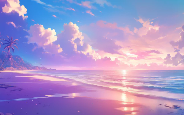 A vibrant sunset casts colorful hues over a sandy beach and ocean, creating a serene atmosphere. This HD desktop wallpaper captures the beauty of nature's twilight.