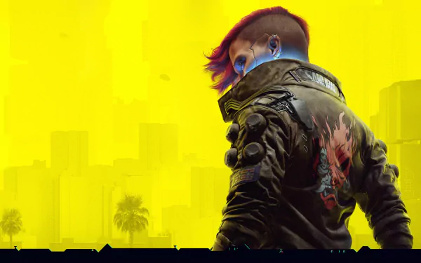 Cyberpunk 2077-themed 4K Ultra HD wallpaper featuring a character with futuristic attire and vibrant colors against a bright yellow cityscape background.