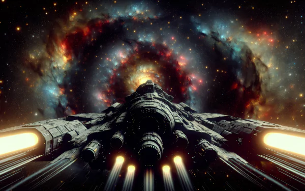 A vibrant HD desktop wallpaper featuring a starship soaring through a colorful cosmic vortex, highlighting its powerful engines against a backdrop of swirling galaxies.