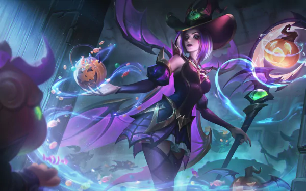 HD wallpaper featuring LeBlanc from League of Legends, adorned in a mystical outfit, conjuring magic with floating pumpkins and a vibrant, enchanting background.