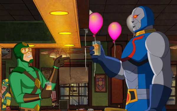 A colorful HD wallpaper from the TV show Kite Man: Hell Yeah! featuring Kite Man cheerfully interacting with a gray, armored character holding balloons at a lively bar setting.