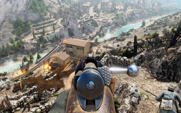 A stunning HD wallpaper from the video game Isonzo, showcasing a battle scene with a vantage point over a mountainous landscape, complete with smoke and explosions.