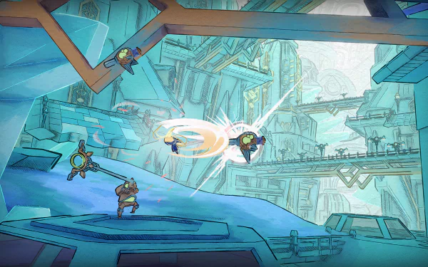 HD desktop wallpaper featuring visuals from the video game Mio: Memories in Orbit, showcasing vibrant colors and a captivating cosmic theme.