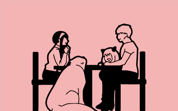Minimalist 4K Ultra HD wallpaper featuring Anya Forger from Spy x Family sitting at a table with two adults and a large dog, all set against a pink background.