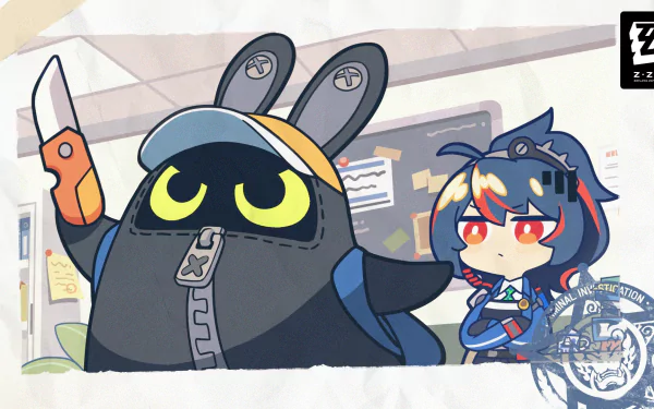 HD desktop wallpaper featuring characters Zhu Yuan and Bangboo from the video game Zenless Zone Zero, showcasing a vibrant and playful illustration.