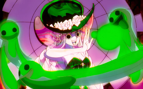 Anime character Perona from One Piece is featured in a vibrant 4K Ultra HD desktop wallpaper, surrounded by glowing green ghost-like figures.