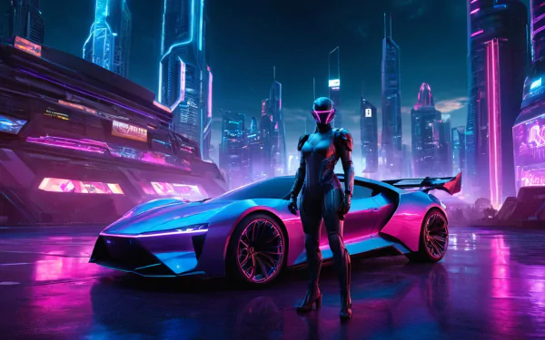 A sleek purple car and a futuristic figure stand in front of neon-lit skyscrapers at night, rendered in vibrant 4K Ultra HD with a high-definition, cyberpunk-inspired aesthetic.
