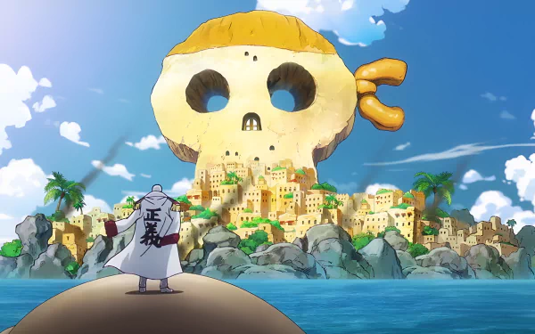 4K Ultra HD One Piece desktop wallpaper featuring a pirate admiral standing on the shore, gazing at a vibrant island shaped like a skull with palm trees and buildings under a bright sky.