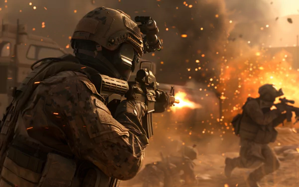 A dynamic HD desktop wallpaper from Call of Duty, depicting soldiers engaged in a fierce battle, highlighting intense action amid explosions and gunfire.