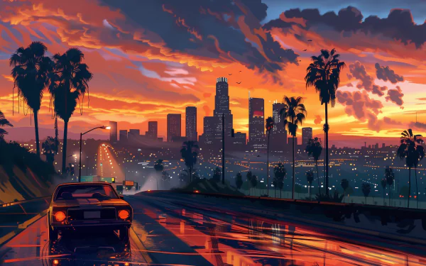 A vibrant HD desktop wallpaper showcasing a sunset view of a city skyline with palm trees, inspired by the atmosphere of Grand Theft Auto V.