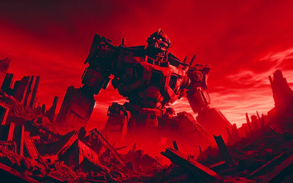 A striking HD wallpaper featuring a giant robot towering over a ruined landscape, set against a dramatic red sky, embodying themes of destruction and futuristic decay.