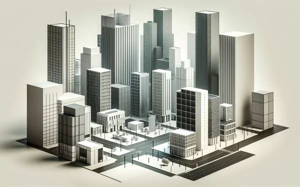 A sleek, high-definition desktop wallpaper depicting a stylized downtown skyline, featuring a mix of tall skyscrapers and modern buildings against a soft background.