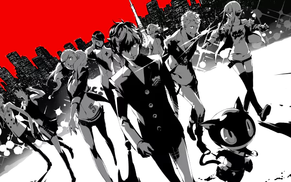 4K Ultra HD Persona 5 Royal PC desktop wallpaper featuring the main characters in dynamic black, white, and red tones with a cityscape silhouette background.