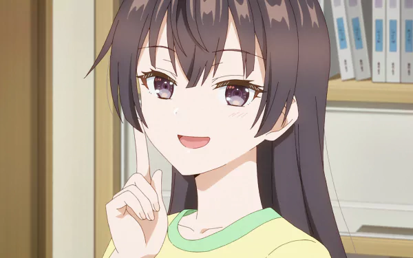 Anime HD PC wallpaper of Yuki Suou from Alya Sometimes Hides Her Feelings in Russian: smiling long-haired girl with brown eyes and hand raised, indoor bookshelf background.