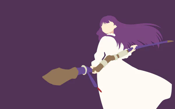 Minimalist 4K Ultra HD anime wallpaper featuring Fern from Frieren: Beyond Journey's End with flowing purple hair and a white robe against a dark purple background.