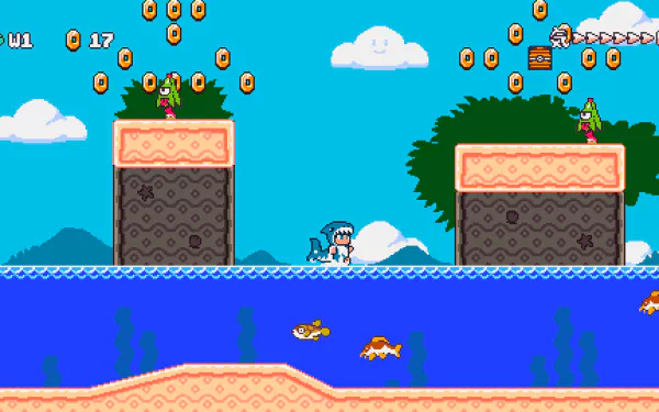 HD desktop wallpaper featuring a vibrant scene from the video game Kitsune Tails, with characters navigating platforms over a blue body of water and collectible coins floating above.