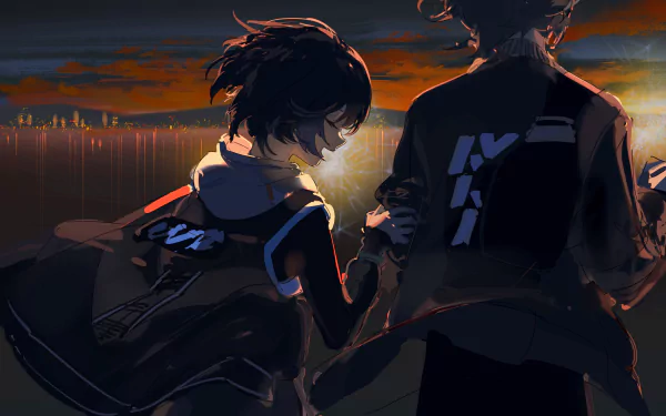 4K Ultra HD wallpaper featuring Wise and Belle from the video game Zenless Zone Zero, depicted as stylish characters overlooking a glowing cityscape at sunset.