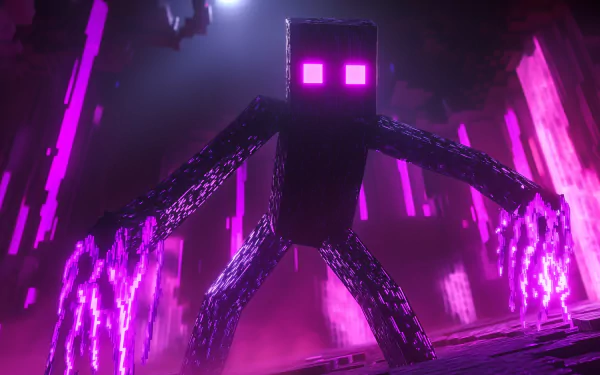 A high-definition desktop wallpaper featuring an Enderman from the popular video game Minecraft, showcasing its distinct purple eyes against a dark background.