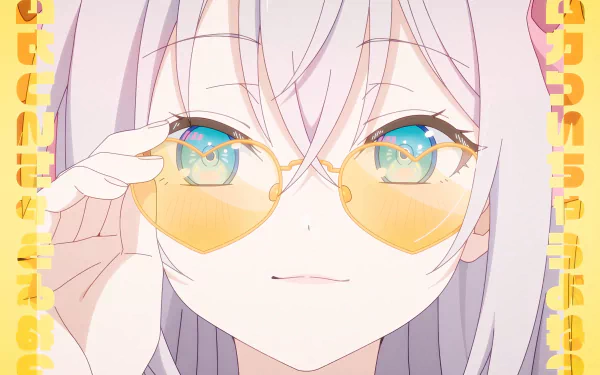 Alya from Sometimes Hides Her Feelings adjusting yellow-tinted glasses, depicted in vibrant 4K Ultra HD as an Alisa Mikhailovna Kujou PC desktop wallpaper.