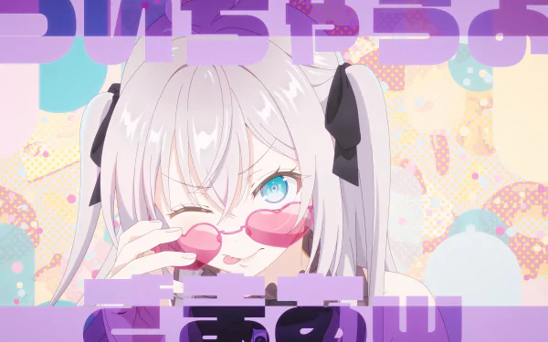 Alya Sometimes Hides Her Feelings anime-style wallpaper featuring Alisa Mikhailovna Kujou with white hair, blue eyes, and heart-shaped sunglasses in 4K Ultra HD.