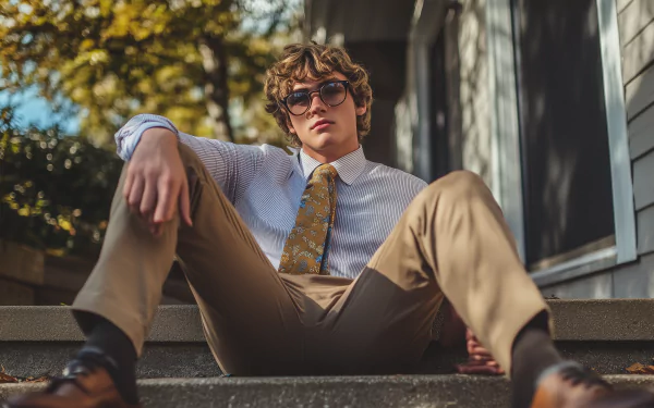A preppy man poses in a stylish outfit, creating a sophisticated and polished atmosphere. This HD desktop wallpaper adds a touch of elegance to any background.