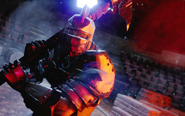 Futuristic knight wielding a massive axe in a dramatic scene from the video game Deathbound. This HD desktop wallpaper showcases intense action and vibrant colors.