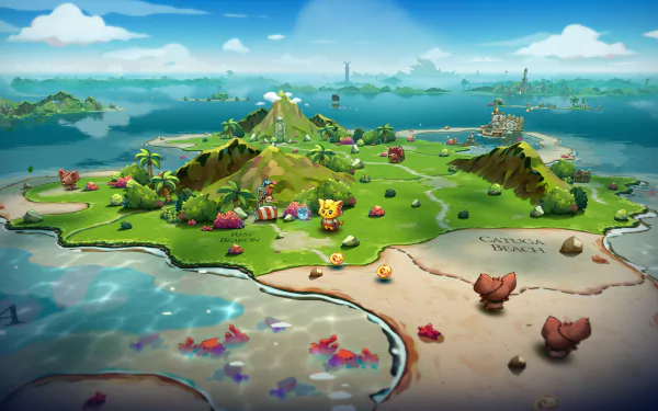 Vibrant HD wallpaper from Cat Quest III, showcasing a whimsical island landscape with mountains, beaches, and colorful flora, set against a serene ocean backdrop.