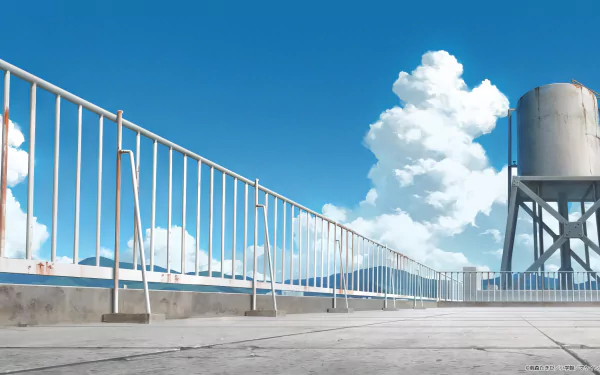 An HD desktop wallpaper featuring a vibrant blue sky with fluffy clouds, set against a rooftop railing and water tank, inspired by the anime Too Many Losing Heroines!.
