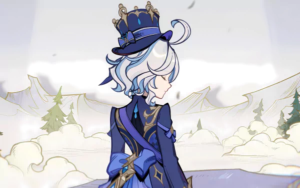 A stunning HD wallpaper featuring Furina from the video game Genshin Impact, showcasing her elegant design against a mystical, cloud-filled landscape.