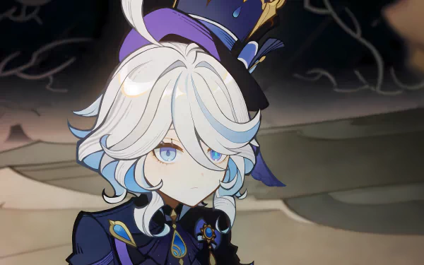 Close-up of Furina from Genshin Impact, depicted with flowing white and blue hair, wearing a stylish outfit, set against a dark, atmospheric background. HD desktop wallpaper.