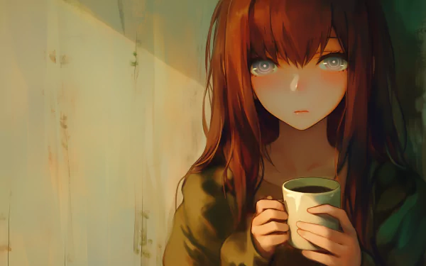 A serene HD wallpaper featuring Kurisu Makise from Steins;Gate, capturing her contemplative expression as she holds a coffee cup against a softly lit background.