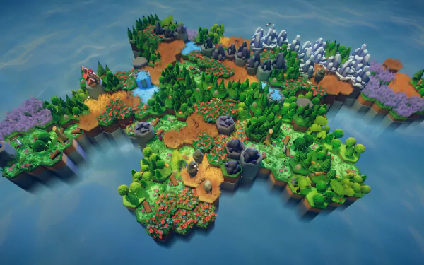 A vibrant HD desktop wallpaper featuring a colorful, hexagonal landscape from the video game Preserve, showcasing diverse terrains and lush vegetation.