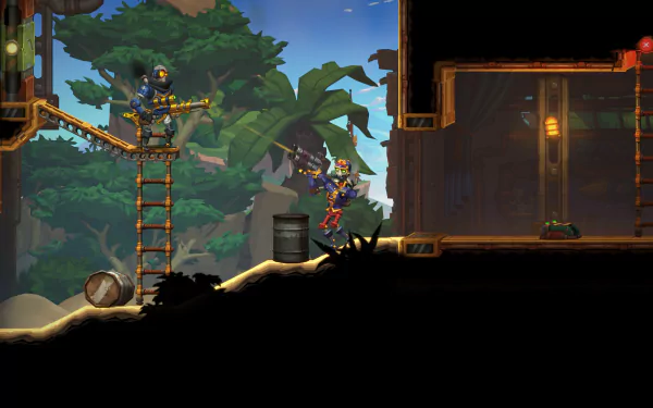 HD desktop wallpaper featuring a scene from SteamWorld Heist II, showcasing characters navigating a vibrant environment with ladders and barrels amidst lush greenery.