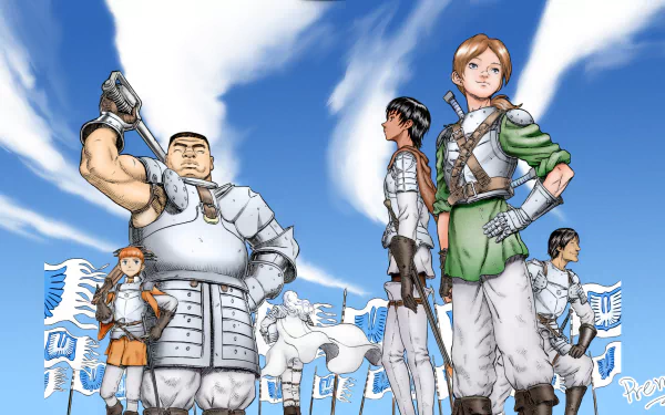High-definition desktop wallpaper featuring Judeau and other characters from the anime Berserk, standing confidently against a blue sky with dynamic clouds.