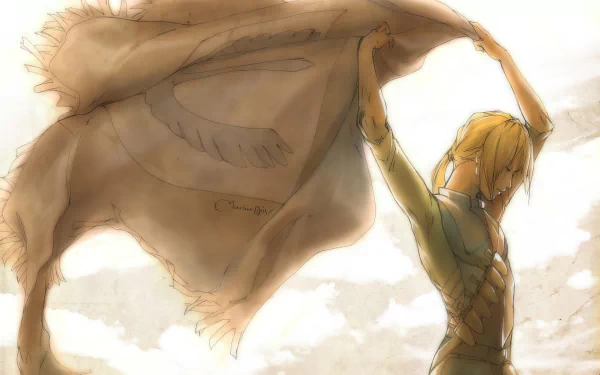 An HD desktop wallpaper featuring Judeau from Berserk, capturing a dynamic pose as he holds a flowing cloth against a soft, cloudy backdrop.