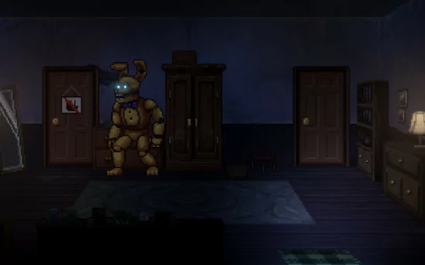 HD desktop wallpaper featuring a dimly lit room from the video game Five Nights at Freddy's: Into the Pit, showcasing an animatronic figure looming near a closet.