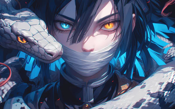4K Ultra HD wallpaper featuring Obanai Iguro from Demon Slayer: Kimetsu no Yaiba, showcasing his distinct heterochromatic eyes and white serpent.