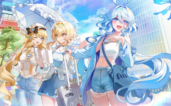 4K Ultra HD Genshin Impact wallpaper featuring Furina and Lumine posing cheerfully in a bright cityscape, showcasing vibrant colors and detailed character designs.