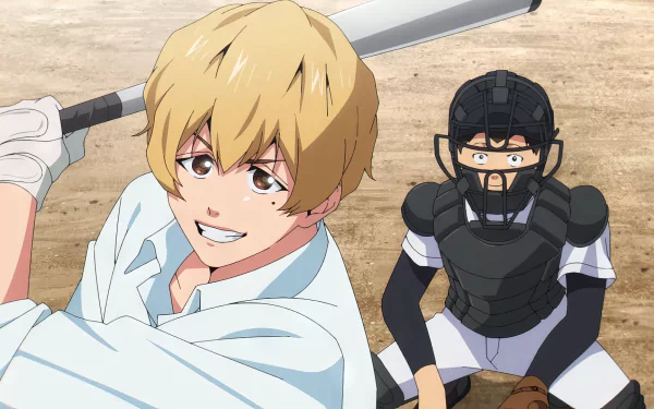 Anime HD desktop wallpaper featuring Kei Kaname from Oblivion Battery, showcasing an energetic baseball scene with a smiling batter and a focused catcher.