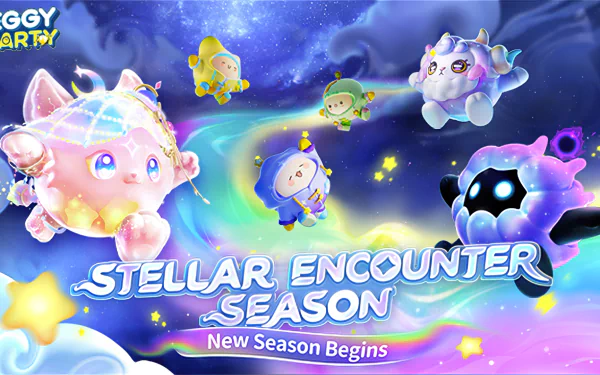 Colorful HD wallpaper for the video game Eggy Party, featuring adorable characters announcing the Stellar Encounter Season and inviting players to a new adventure.