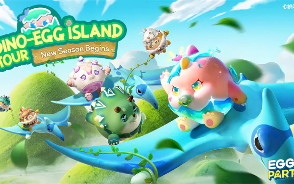 Colorful HD wallpaper from the video game Eggy Party featuring playful characters on a vibrant landscape, promoting the Dino-Egg Island Tour and celebrating a new season.