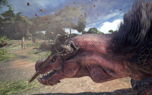 This HD desktop wallpaper features stunning art from the video game Monster Hunter, showcasing its vibrant landscapes and incredible creatures for an immersive gaming experience.