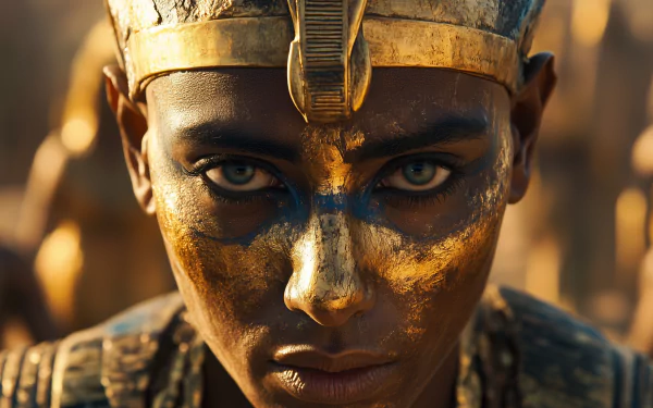 A striking HD wallpaper depicting a pharaoh with bold makeup and elaborate golden headdress, showcasing intense eyes and a regal expression.