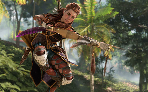 Aloy from Horizon Forbidden West in a dynamic pose, aiming a spear amid lush jungle — PlayStation 5 4K Ultra HD PC desktop wallpaper