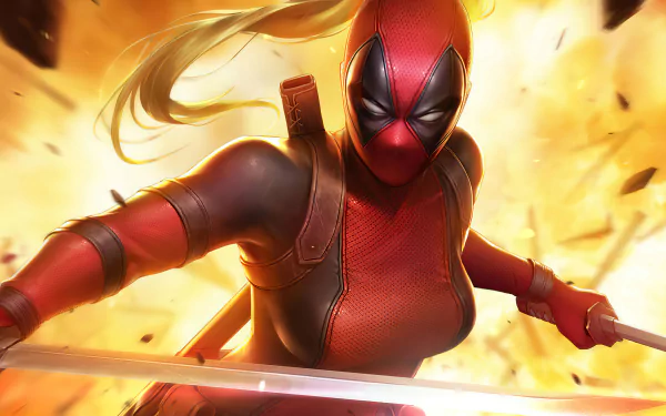 Vibrant HD desktop wallpaper featuring Lady Deadpool in action, wielding a sword against a backdrop of explosive energy, capturing the dynamic essence of this comic character.